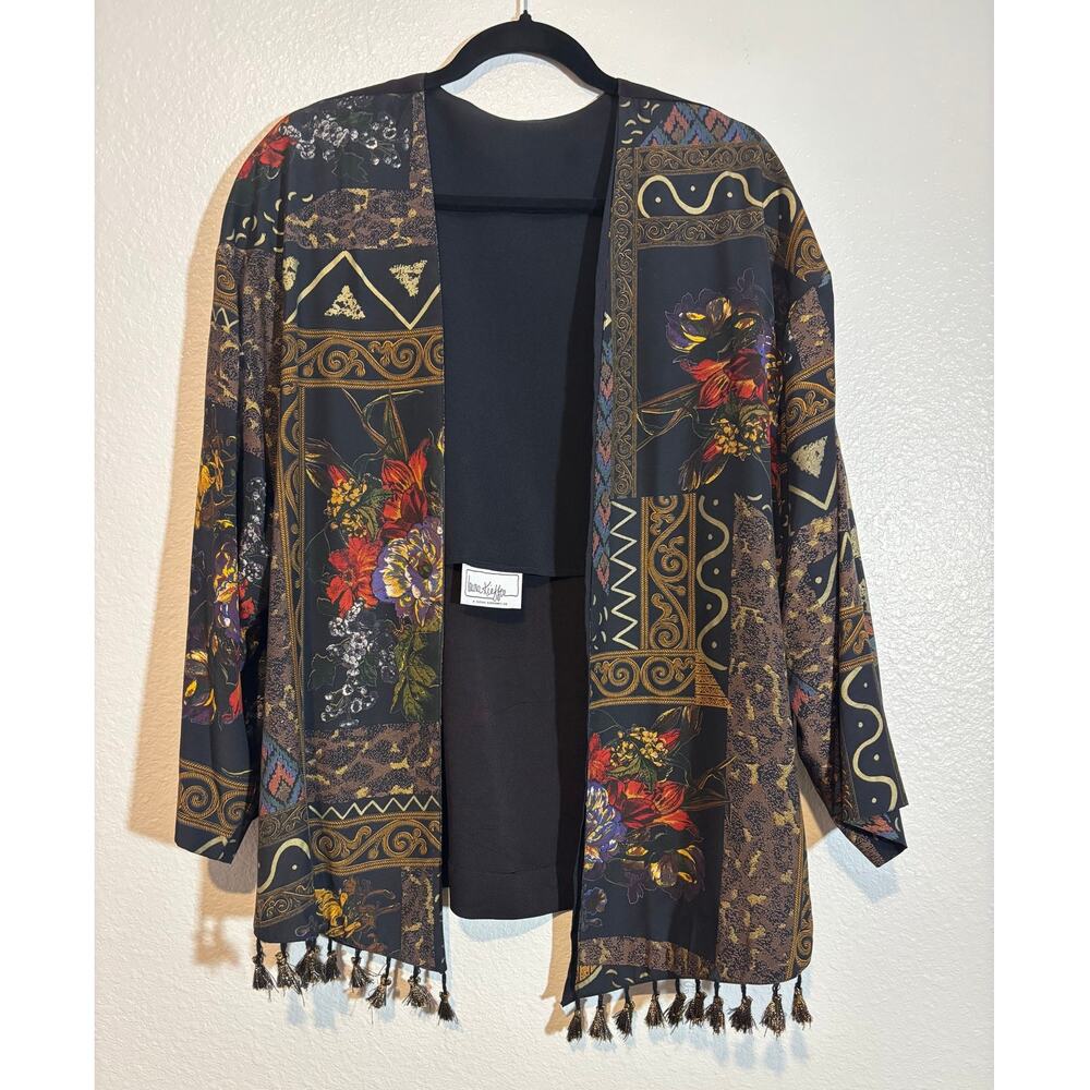 Laura Kieffer Size 12 Mixed-Print Open-Front Tassle Hem Cardigan Made in USA